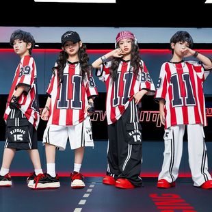 儿童街舞爵士舞服装少儿hiphop嘻哈酷帅演出服炸街红白条纹套装潮