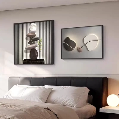 现代轻奢卧室床头装饰画石来运转高级主卧背景墙挂画艺术创意壁画