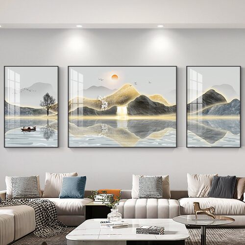 客厅装饰画现代简约山水画沙发背景墙挂画轻奢高档墙画大气三联画