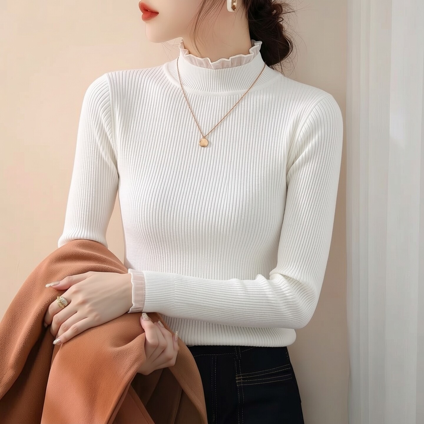 一体绒蕾丝针织衫2026秋冬季新款修身打底衫半高领套头毛衣女士上