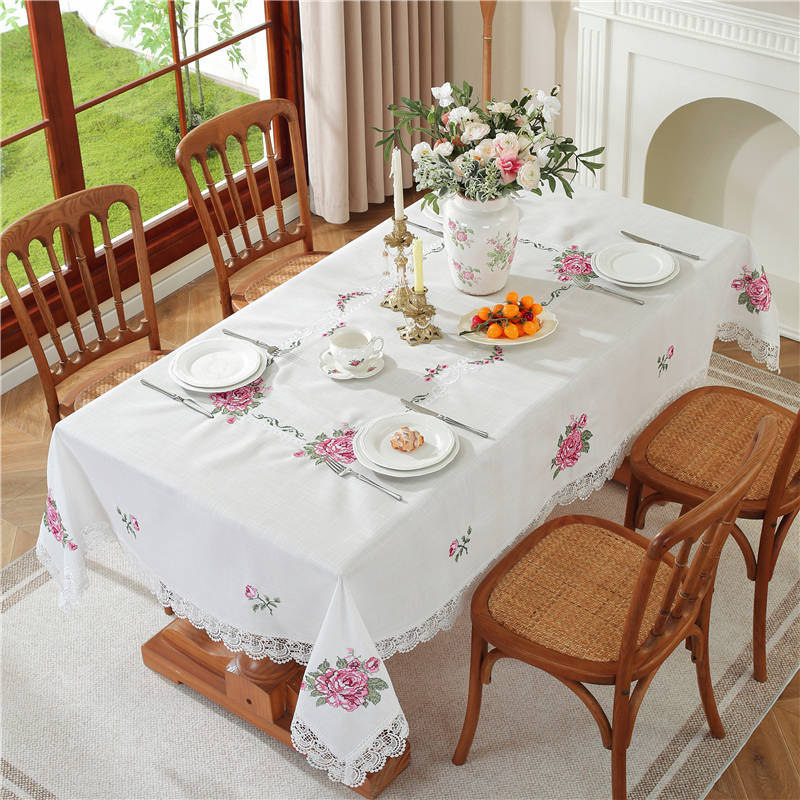 法式餐桌桌布长方形刺绣美式棉麻蕾丝小清新ins轻奢茶几台布盖巾