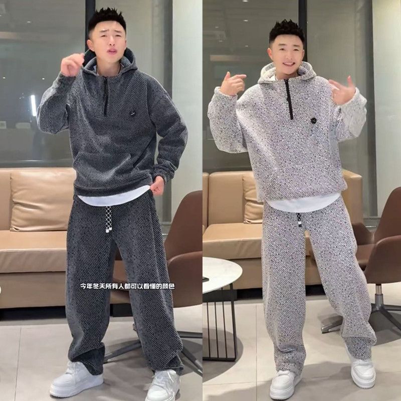 春秋季男士时尚斜条纹潮流宽松运动休闲套装半拉链卫衣卫裤两件套