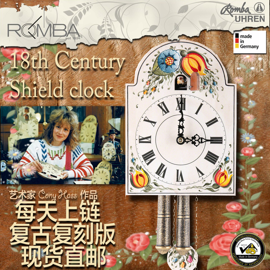 德国黑森林盾型木质手绘复古复刻古董机械上链布谷鸟咕咕挂钟包邮