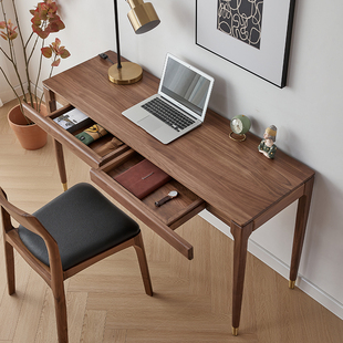 北欧实木窄书桌黑胡桃木学习桌日式 原木梳妆台白橡简约电脑学习桌