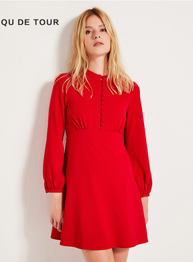 QU DETOUR 轻熟简约风红色连衣裙女A字裙复古百搭高腰短裙