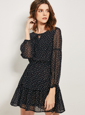 QU DETOUR 通勤风波点连衣裙女长袖高腰显瘦黑色气质裙百搭