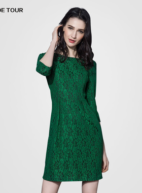 QU DETOUR 通勤风绿色蕾丝连衣裙女中袖修身显瘦A字裙洋气优雅