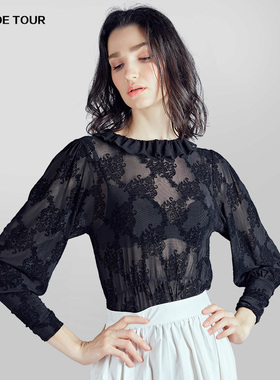 QU DETOUR 轻熟优雅黑色蕾丝衫女长袖圆领荷叶边高级气质减龄上衣