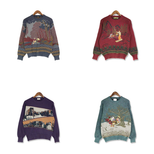 古着Vintage波普图案风景电脑刺绣男女款 宽松秋冬男女毛衣K6新品