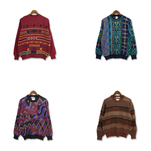 古着vintage男女秋冬款 纯羊毛复古民族风撞色波普图案套头毛衣A9