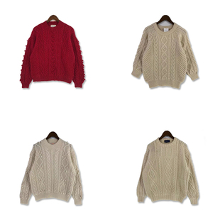 vintage古着森女手钩麻花豆豆粗线厚实手工编织纯羊毛百搭毛衣M12