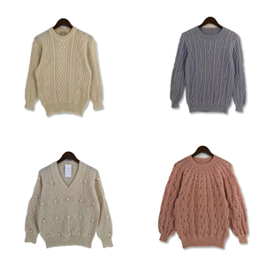 vintage古着森女手钩麻花豆豆粗线厚实手工编织纯羊毛百搭毛衣M20