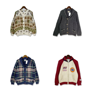 vintage古着纯羊毛粗线厚实手工编织毛衣保暖厚实麻花毛衣外套M6