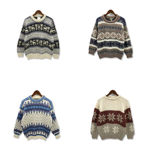 vintage复古雪柄毛衣费尔岛摩天轮百搭手工粗针棒套头羊毛毛衣M17