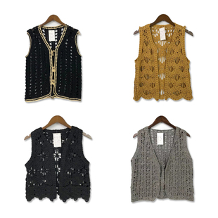 古着vintage春秋款 背心A22 纯手工立体编织森系手钩花镂空手无袖