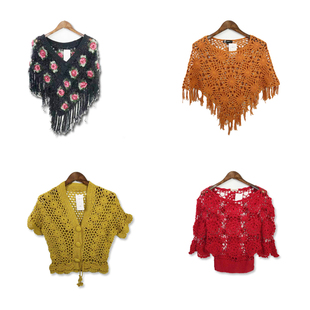 古着vintage春秋款 背心A34 纯手工立体编织森系手钩花镂空手无袖