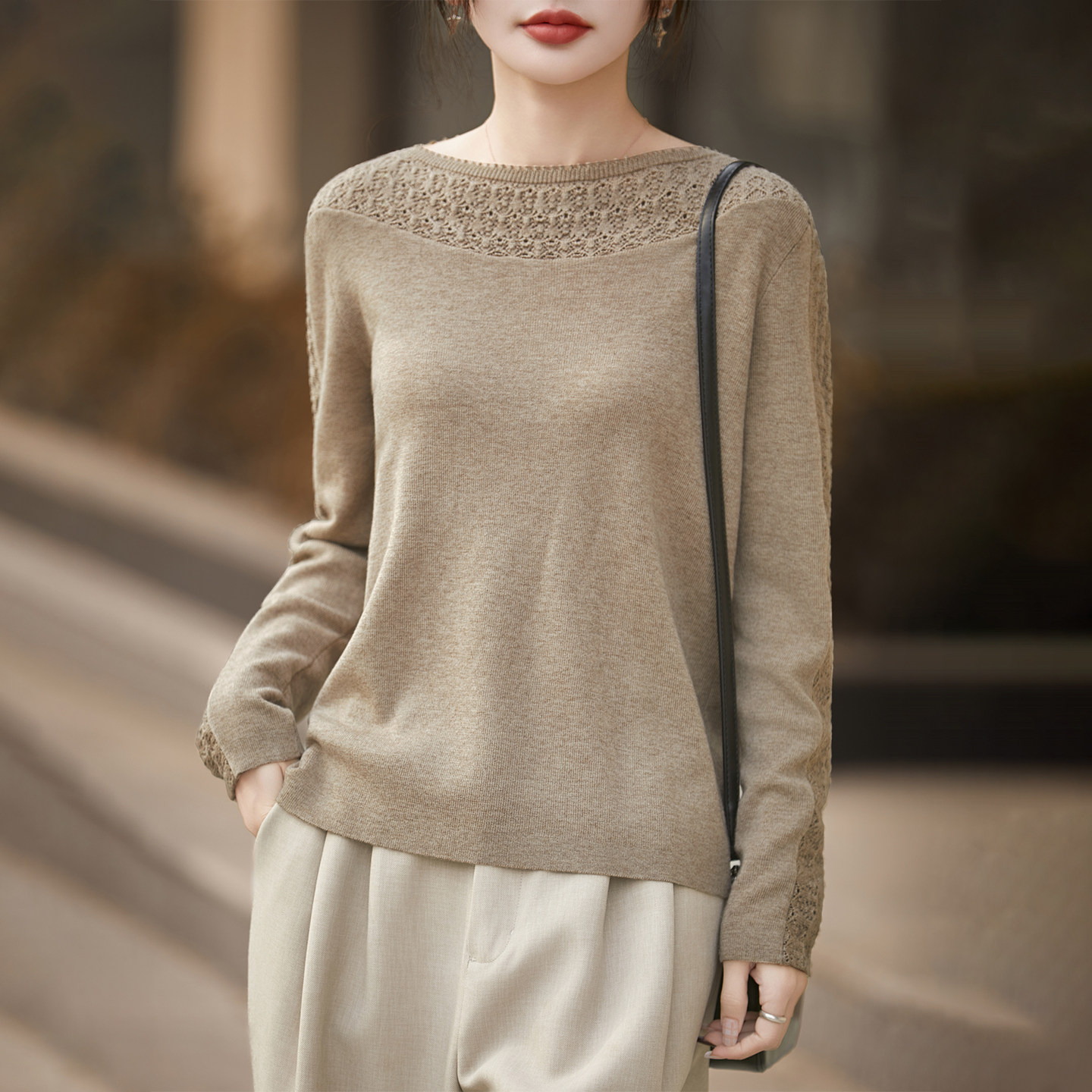精纺羊毛一字领镂空勾花针织衫女套头春季新款温柔风宽松打底衫