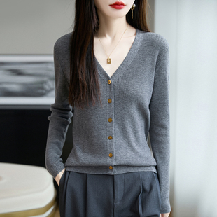 纯羊毛针织开衫精纺修身V领女长袖纽扣外套毛衣薄款极简软糯亲肤