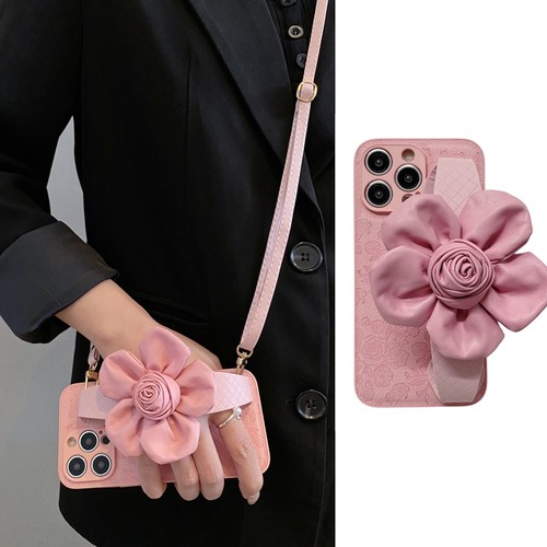 气质裸粉色皮质花朵手腕带适用华为Mate50pro手机壳p60可背带p50斜挎p40挂绳mate40/30支架p30秋冬p40pro小众