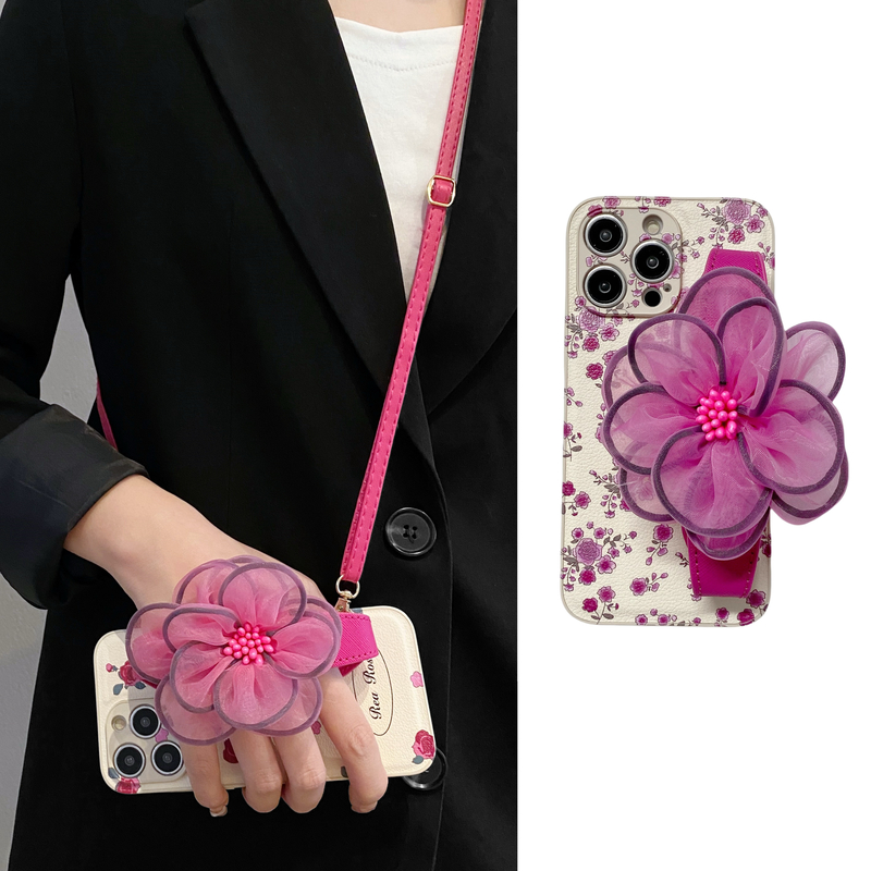 满屏小碎花玫红色纱花腕带适用iPhone15Promax手机壳苹果14可背带13斜挎12挂绳11小众xsmax温柔xr软7p女8plus
