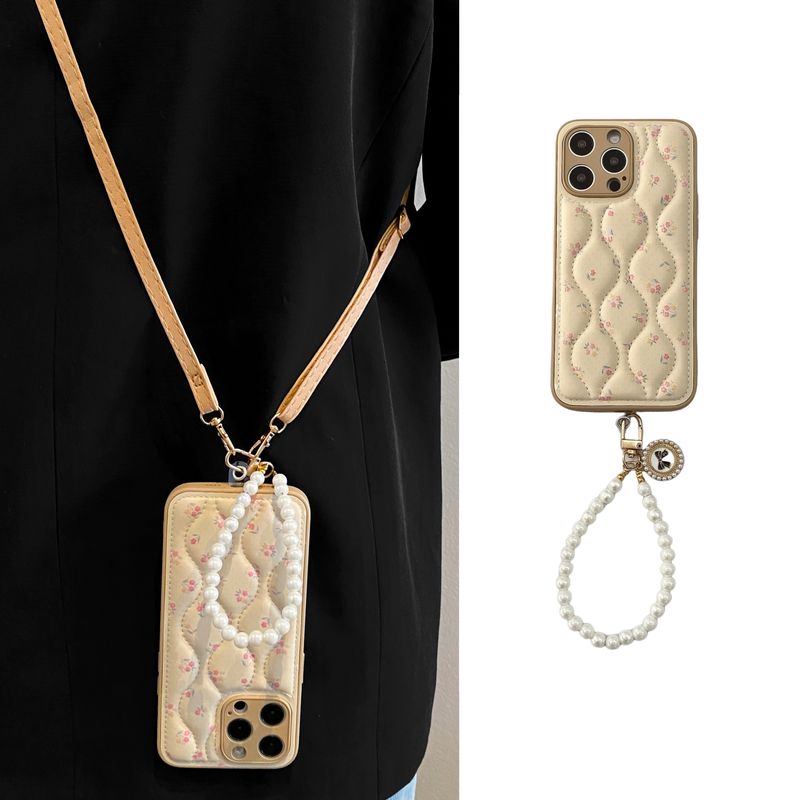 秋冬菱格羽绒服清新小碎花适用OPPOReno12Pro手机壳11珍珠手链条10可背带9斜挎挂绳Find6X高级x5小众9pro软套