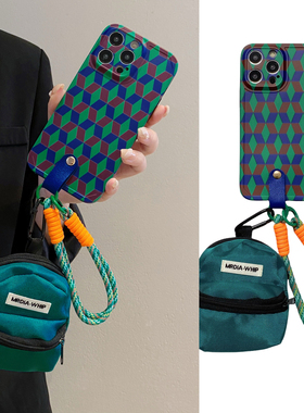 孔雀蓝撞色菱格旅游小书包适用小米14pro手机壳13手提绳k70可背带k60斜挎k50挂绳12/11红米note13小众10软k40