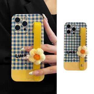 小蓝格黄色针织花朵皮条腕带适用华为nova13pro手机壳12小众11清新9/简约8荣耀300/200小众100/90简约80软70