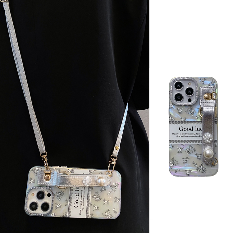 高级感贝壳纹山茶花珍珠手腕带适用iPhone17Promax手机壳苹果16可背带15斜挎挂绳14pro轻奢13银色12小众11新