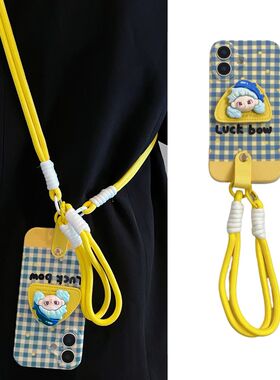 英文小蓝格女孩支架手提绳适用小米15pro手机壳14可背带k80斜挎k70/60挂绳13/12红米note13小众10可爱k50软40