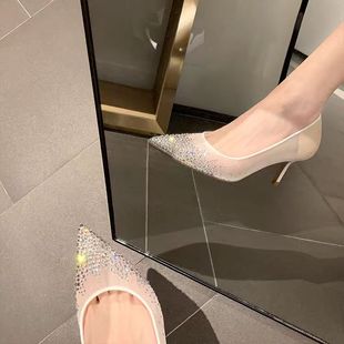 女法式 尖頭網紗水鉆細跟高跟鞋 2025新款 伴娘晚宴婚鞋 蕾絲水晶單鞋