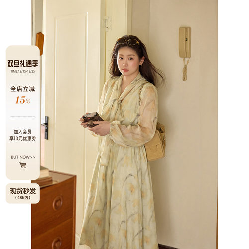 潘不卷大码女装胖mm法式碎花雪纺泡泡袖连衣裙女早秋收腰长袖裙子