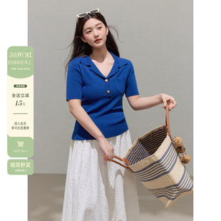 潘不卷大码女装微胖mm法式克莱因蓝色针织衫春季短袖t恤正肩上衣