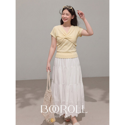 潘不卷大码女装黄色v领扭结正肩短袖t恤夏季新款短款修身上衣胖mm