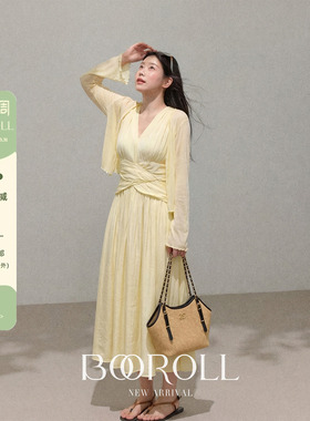 潘不卷大码女装黄色无袖挂脖连衣裙海边度假春季海岛沙滩长裙胖mm