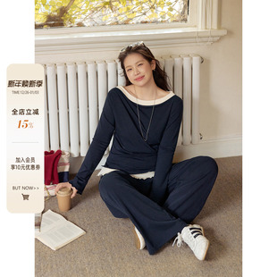 女装 垂感半裙套装 法式 微胖mm秋冬休闲裤 撞色斜肩针织衫 潘不卷大码