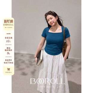 2新品 一件85折满2件75折 潘不卷 短袖 孔雀蓝方领修身 T恤春