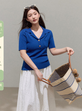 潘不卷大码女装微胖mm法式克莱因蓝色针织衫春季短袖t恤正肩上衣