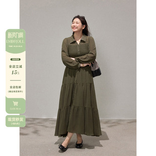 收腰连衣裙秋季 潘不卷大码 绿色衬衫 胖mm法式 雪纺显瘦蛋糕长裙 女装