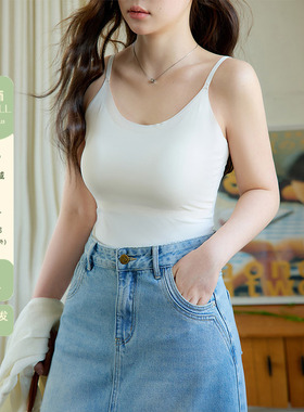 潘不卷大码女装微胖mm白色吊带背心女夏季修身显瘦上衣内搭带胸垫