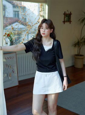 潘不卷大码女装微胖mm米白色显瘦A字短裙裤设计感夏季高腰休闲裤