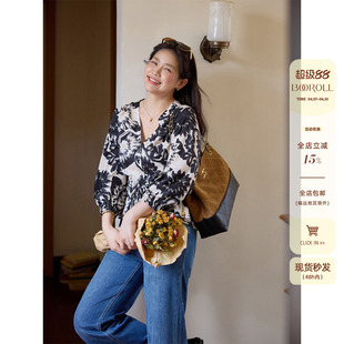 收腰印花衬衫 潘不卷大码 女装 法式 宽松绑带打底衬衣上衣微胖mm 春季