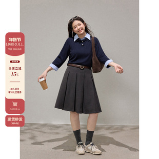 潘不卷大码女装微胖mm韩系假两件polo领长袖针织衫秋季百褶裙套装