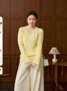潘不卷大码女装黄色蕾丝拼接v领打底针织衫微胖mm冬内搭毛衣上衣