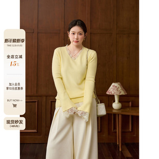 微胖mm冬内搭毛衣上衣 黄色蕾丝拼接v领打底针织衫 潘不卷大码 女装