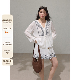 新中式 潘不卷大码 套装 微胖mm白色刺绣衬衫 女秋上衣短裙两件套 女装