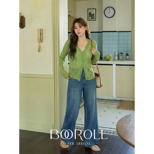 潘不卷大码女装绿色v领花边镂空薄款针织衫早春修身短款开衫上衣