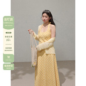 潘不卷大码 黄色海边度假挂脖吊带连衣裙春海岛沙滩长裙子胖mm 女装