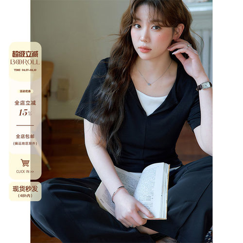 潘不卷大码女装韩系黑色假两件显瘦短袖t恤夏季宽松上衣新款胖mm
