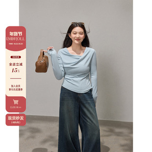 潘不卷大码女装微胖mm法式蓝色荡领打底衫修身长袖t恤春内搭上衣