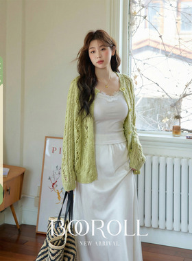 潘不卷[2/24-2/26新品一件85折满2件75折]绿色镂空开衫吊带半身裙